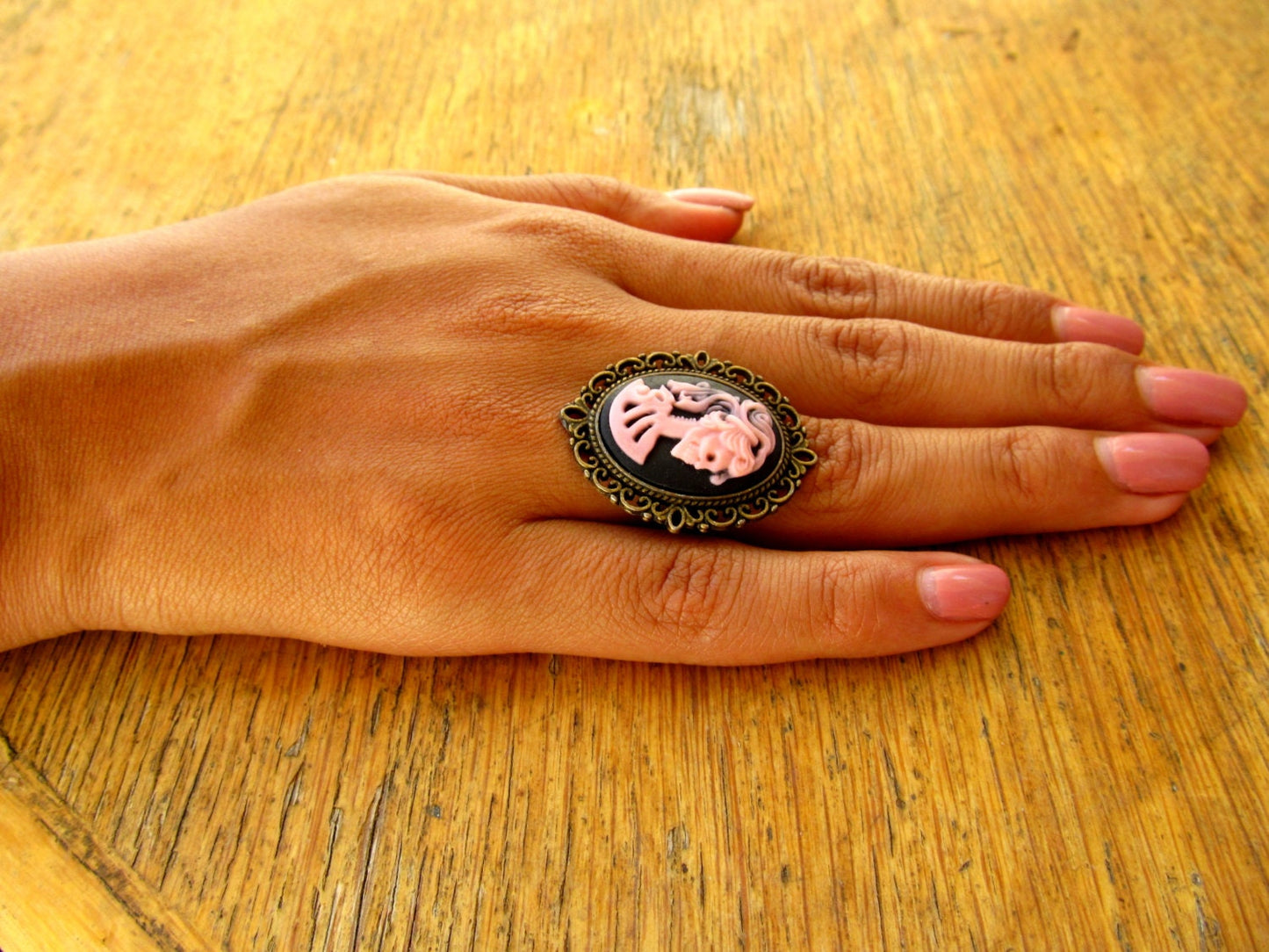 Pink Dead Lola cameo bronze ring