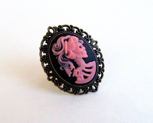 Pink Dead Lola cameo bronze ring